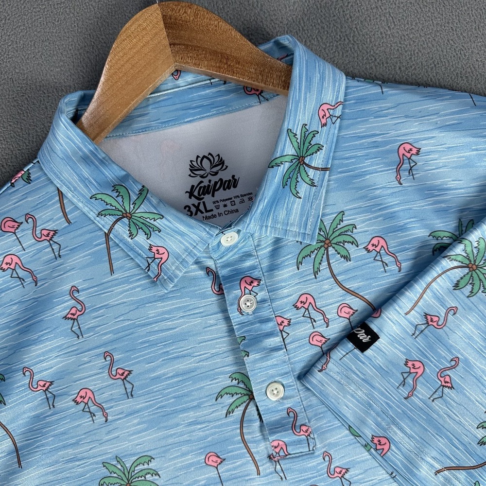 Kaipar Polo Shirt Mens 3XL Blue Flamingo Palm Tree Tropical Performance Golf